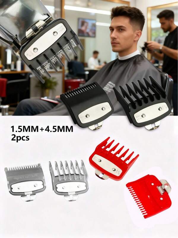 2pcs/Set Hair Clipper Limit Comb 1.5mm + 4.5mm, Salon Haircut Trimmer Size Set, Suitable For Men's Gradient Hairstyle, Blade Size: Width 4.5cm/1.77in * Length 3.8cm/1.5in, With Gradient Oil Head Limit Comb