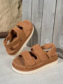 双向魔术贴女士夏季凉鞋，新款时尚露趾休闲百搭户外沙滩拖鞋 - 棕色 - 查看 5