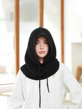 1pc Women's Red Drawstring Faux Collar Balaclava Hat, Outdoor Ski Warm Knitted Face & Neck Protective Hooded Cape, Suitable For Winter Cold Protection, Christmas Gift