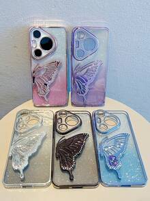 MewTrek Luxury Electroplated Blue Phone Case With Butterfly Liquid Stand, Rhinestone Glitter Style, Summer New Fashion Silicone Shockproof Protective Soft Shell, Compatible With Samsung Galaxy, Honor, Reno, MOTO, - Blue - View 7