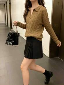 新款女士宽松针织毛衣，麻花针织休闲长袖高领套头衫，秋冬款 - 駝色 - 查看 4