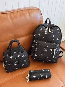 New Bow Tie Print Backpack, Suitable For Elementary, Middle, And High School Students, Laptop Bag - Black - View 7