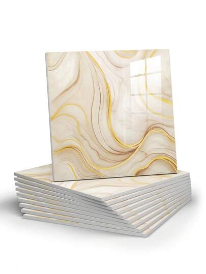 10pcs/Set 0.9㎡ Faux Ceramic Tile Marble Peel And Stick Wallpaper, Waterproof And Moisture-Proof Wall Decor Backsplash, Aluminum Composite Wall Stickers