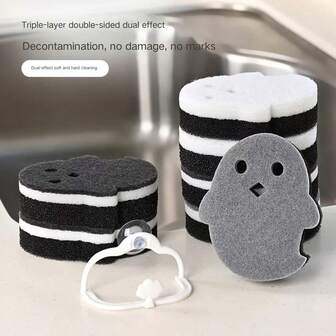 Set de 3 piezas Esponja de limpieza multiusos con diseño de fantasma, esponja de limpieza de 3 capas de doble cara para baño y cocina