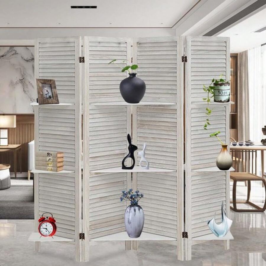 4 Panel 5.6FT Wooden Room Divider Folding Privacy Screen Partition/ Shelves - 1 - 查看 1
