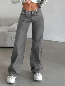 Simple Vintage Straight Leg Jeans - Mid Rise Basic Women's Pants Classic Non-Stretch Denim - 深灰色 - 查看 3