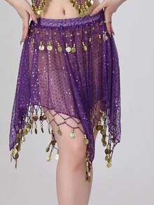 女士肚皮舞裙雪纺薄纱亮片硬币流苏裙舞蹈短裙，适合表演练习、沙滩装、嘉年华、派对。 - 彩色 - 查看 4