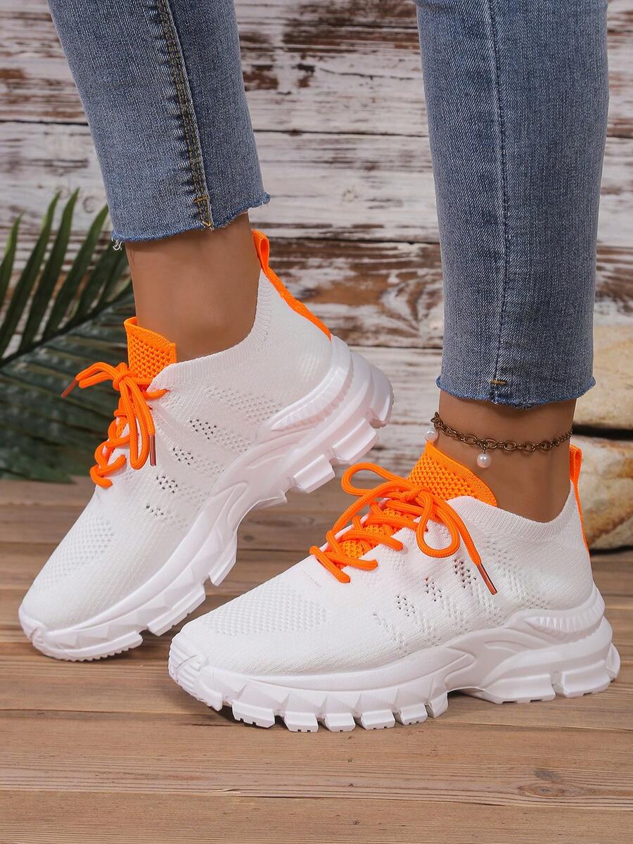 New Breathable Lightweight Mesh Knit Lace-Up Casual Shoes, Washable Women Sports Shoes, Running Shoes, Walking Shoes, Road Shoes - White - View 1