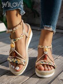 WRCVS Sandalias de plataforma con cuña de verano para mujer, con tiras tejidas en beige, suelas tejidas a mano con cuentas, patrones florales aleatorios, estilo bohemio ligero y elevado para uso al aire libre, esencial para viajes - Beis - Ver 5