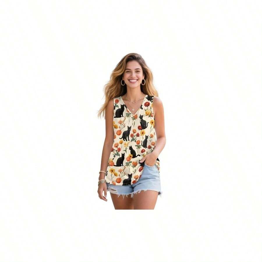 - playera sin mangas con cuello en V para mujer, estilo casual, sin mangas, ajuste holgado, blusa bsica de verano, para da festivo en la playa - G + Gato floral negro - Ver 1