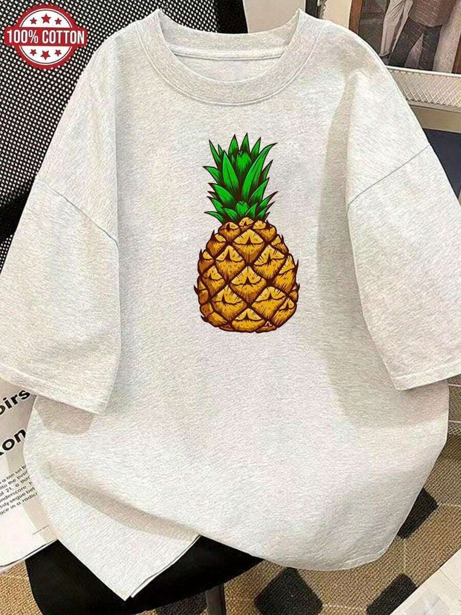 Women'S Casual Loose Fit Short Sleeve T-Shirt - Vibrant Pineapple Graphic, Crew Neck, Soft Breathable Fabric, Perfect For Summer & Everyday Comfort, Pineapple Shirt - trắng - Xem 1