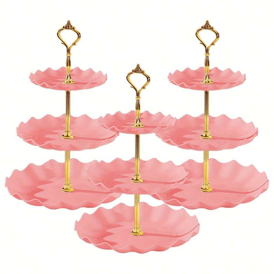3pcs European-Style Three-Layer Cake Stand - Plastic Multi-Purpose Dessert Stand, Cupcake Storage & Fruit Plate, Perfect For Graduation Party Birthday Wedding/Christmas, Halloween, Thanksgiving, Valentine's Day. - 粉色 - 查看 1