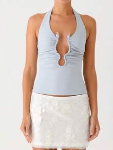 Womens Summer Halter Tops Going Out Crop Top Fashion Cutout Front With Decorative Beads Shirts Backless Coquette Cute Y2K Clothes - 藍色 - 查看 2