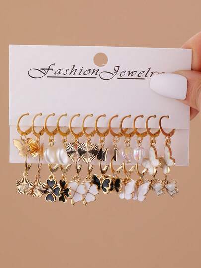 12 Pairs Cute Floral, Heart, Clover, Bow Charm Earrings Set, Accessories For Girls, Suitable For Dates And Parties