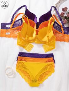 6件套蕾丝边女士内衣套装，三角裤，职业装设计，钢圈文胸强力提拉支撑，塑造圆润丰满的胸型，舒适贴身的三角裤采用三排钩扣设计，适合职业女性日常穿着。 - 彩色 - 查看 3