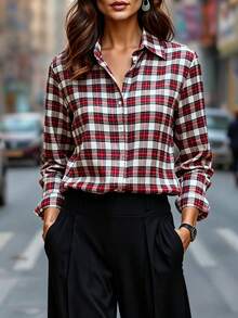 Women's Plaid Long Sleeve Shirt Collar Blouse, Red & White Checkered, Regular Fit, Non-Stretch Polyester Top - Burgundy - View 9