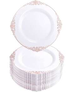 20pcs White And Rose Gold Salad Plates - Heavy Duty Gold Premium Dinnerware Set Includes 10pcs 7.5-Inch Dessert Plates, 10pcs 10.25-Inch Wedding And Thanksgiving Party Dinner Plates - Rose Gold - View 1