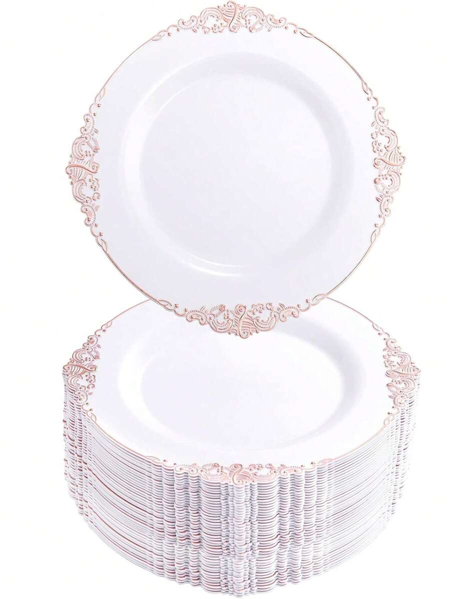 20pcs White And Rose Gold Salad Plates - Heavy Duty Gold Premium Dinnerware Set Includes 10pcs 7.5-Inch Dessert Plates, 10pcs 10.25-Inch Wedding And Thanksgiving Party Dinner Plates - Rose Gold - View 1