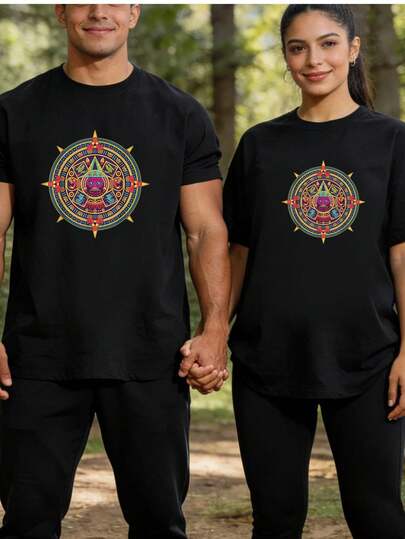 Camiseta de Calendario Azteca Piedra Arte Mexicano Tallado Mayas Clásica Negra Top Tee Gráfica Vintage para Parejas % Algodón