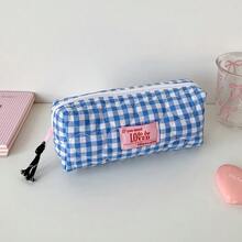 1个韩式绗缝爱心格纹铅笔袋，学生文具收纳包，便携式收纳袋，女生蝴蝶结格子铅笔袋笔盒，基础款单隔层甜美设计，学生返校必备 - 彩色 - 查看 15