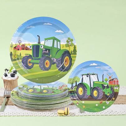 10pcs/20pcs/40pcs/50pcs,Cute Green Tractor & Farm Animal Birthday Party Paper Plates - Disposable Party 7inch And 9inch Dessert Plates For Country Theme Kids' Birthday & Outdoor Farm Events,Tractor Lawn Party Decoration