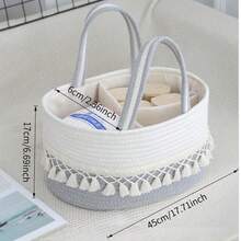 1pc Handmade Large Baby Diaper Basket, Toy Storage Bin, Woven Divided Portable Tote With Tassels - Multicolor - View 3