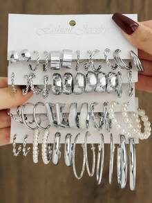 48-12件套复古朋克风金属耳环套装，女士时尚仿珍珠水滴耳环，镂空方形首饰套装，送给亲朋好友的理想礼物，适合日常佩戴和派对场合 - 銀色 - 查看 10