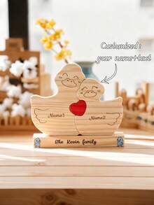 定制 2-5 个英文名字家庭鸭子木雕工艺组合拼图小雕像、桌面装饰、家居装饰摆件、母亲节、父亲节、情人节、感恩节、圣诞节、生日周年纪念毕业礼物，适合送给朋友、家人 - 原木色 - 查看 2
