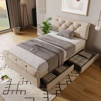 (=111297AAN) Single Upholstered Bed 90x200cm, Bed Frame With 2 Drawers And Height-Adjustable Headboard, Chesterfield Functional Bed, Natural, With Mattress