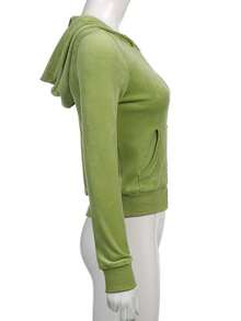 Women's 2 Piece Outfit Velour Zip Up Crop Jacket And Bell Bottoms Long Pants With Pockets Tracksuit Set - đầu xanh - Xem 4