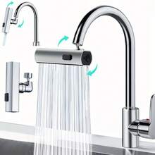 1pc Universal Multi-Functional Faucet Adapter | ABS Faucet. 3 Waterfall Flow Patterns, Rotating Splash Guard. No Electricity Required, Easy Installation, Stylish Upgrade For Bathroom And Kitchen Sinks, Water-Saving Design. Modern Kitchen Accessory | Stylish Faucet Design | Durable ABS Material | Faucet Accessories - Silver - View 2