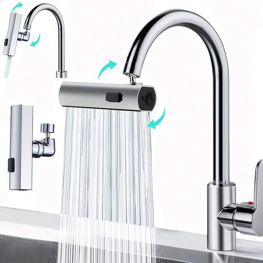 1pc Universal Multi-Functional Faucet Adapter | ABS Faucet. 3 Waterfall Flow Patterns, Rotating Splash Guard. No Electricity Required, Easy Installation, Stylish Upgrade For Bathroom And Kitchen Sinks, Water-Saving Design. Modern Kitchen Accessory | Stylish Faucet Design | Durable ABS Material | Faucet Accessories
