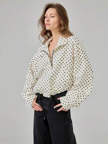Women's Fashionable Fitted High Collar Short Polka Dot Print Casual Jacket, New Style