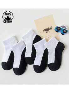 5双装纯棉黑白休闲袜，弹力中筒运动透气袜，学生款 - 黑與白 - 查看 8