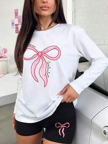 Spring/Summer New Arrival Women's Two Pieces Set: Long-Sleeve Top With Tight-Fitting Shorts Valentine's Day Bow Print Pattern Set New Year Set Back-To-School Season Set Valentine's Day Set - Black and White - View 4