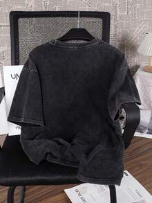 Hemo 男士街头风图案T恤，略带弹力做旧效果棉混纺黑色圆领短袖T恤，休闲日常返校季T恤 - 黑色 - 查看 2