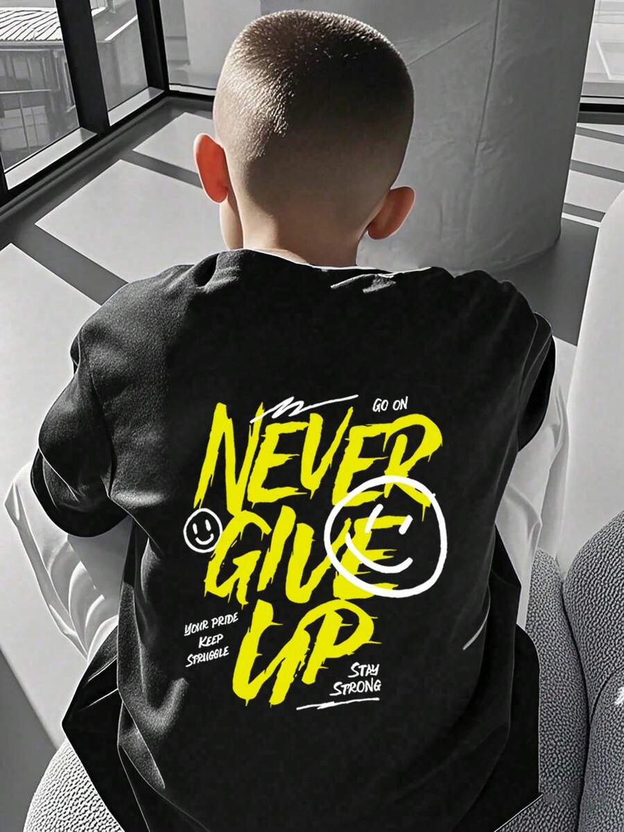 Never Give Up Inspirational Slogan, Tween Boy Casual Fashion Creative Cool Graphic T-Shirt, Suitable For Kids Summer Top, Teens Shirt - Black - View 1