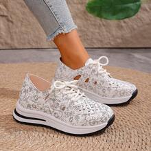 女士镂空网眼透气印花运动鞋，时尚百搭厚底系带舒适休闲鞋，夏季新品 - 白色 - 查看 7