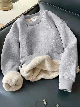 Men 1pc Casual Loose Fit High Pile Fleece Crew Neck Sweatshirt, Solid Color Warm Lining, Autumn/Winter, Long Sleeve Top