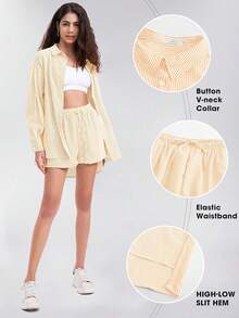 EXLURA - Conjunto de 2 piezas para mujer, de manga larga con botones, conjunto corto a juego, pijama de gran tamaño - Caqui - Ver 6