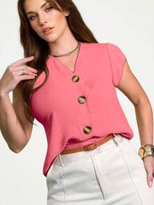 Women's Short-Sleeved Blouse/Shirt In Duna Fabric With Buttons, New 2025, European And American Style. - Watermelon Pink - View 6