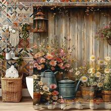 这款乡村风花卉浴帘，饰有野花、浇水壶和雏菊图案，营造温馨的农舍浴室装饰氛围，适合春夏花园风格的家居装饰。浴帘采用涤纶材质，配有挂钩，适用于浴缸和淋浴房。 - 彩色 - 查看 10