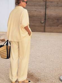 Women's Summer French Beige Non-Stretch Collared Shirt And Wide Leg Pants Set, Bohemian Style Elegant 2 Pieces Outfit, Women's Casual Holiday Wear - Yellow - View 5
