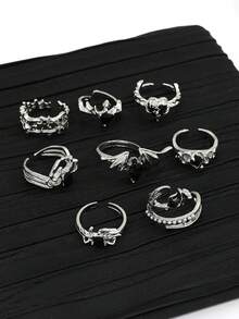 8pcs Gothic Style Black Rhinestone Bat, Spider, Thorn Rose Metal Rings Set, Punk Goth Aesthetic - Silver - View 5