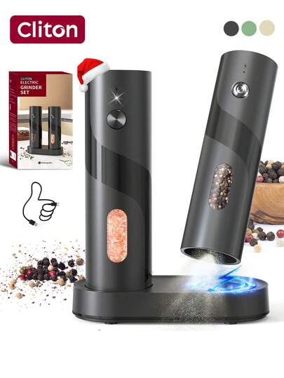 CLITON 2pcs Electric Salt And Pepper Grinder Set - Automatic Salt And Pepper Grinder Set, Rechargeable - Electronic Salt And Pepper Shakers With LED Light, Electric Pepper Mill And Salt Grinder, One-Handed Operation, Automatic Grinder With Charging Base And LED Light