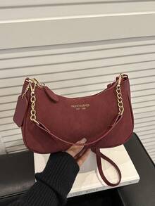 Sac bandoulière polyvalent minimaliste de femmes à la mode avec motif lettre, sac à épaule élégant avec chaîne. Convient pour le shopping, le transport du portefeuille, les jeunes femmes, les étudiantes, les débutants de carrière, les cols blancs. Idéal pour le bureau, l'université, le travail, les affaires, les déplacements, les activités extérieures, les voyages et les excursions. - Rouge foncé - Voir 6