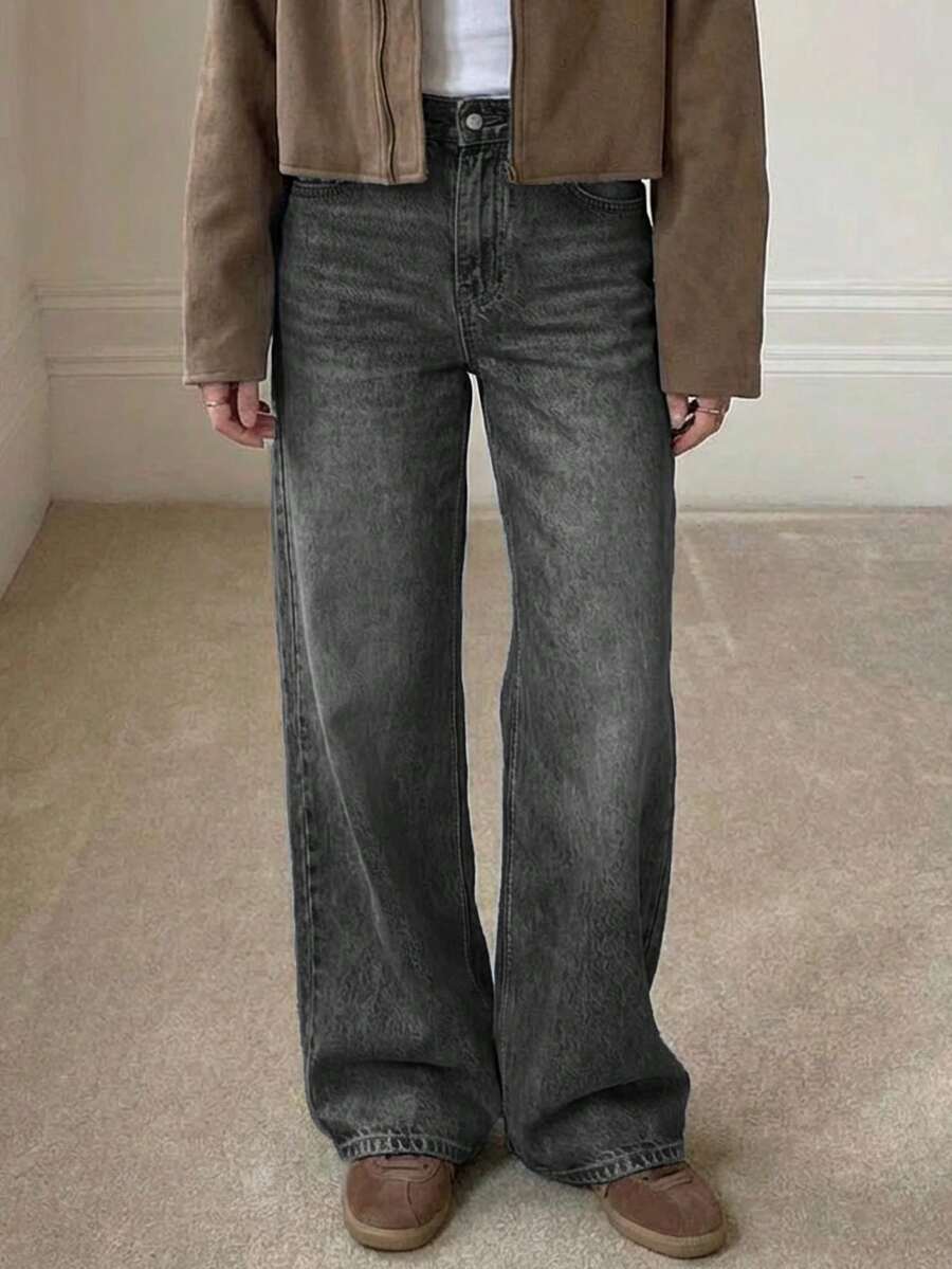 Plus Size Vintage Casual Loose Washed Slant Pocket Denim Jeans Spring - Ash - View 1