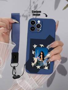 1pc Customizable Blue TPU Phone Case With Star Pattern, 1pc Blue Lanyard Clip, Customized Phone Case, Anniversary Gift, Valentine's Day Gift, Birthday Gift, Wedding Gift, Mother's Day Gift, Father's Day Gift, Best Friend Gift, Gift For Mom/Dad, Gift For Boyfriend/Girlfriend, Compatible With Apple/Matching/Lanyard/Fun/Android/ Phone Cases - Multicolor - View 2