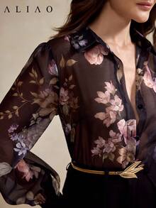 Aliao 高端印花长袖薄纱衬衫，度假风，秋季女装，纽扣衬衫，Fowy 夏季上衣 - 彩色 - 查看 2