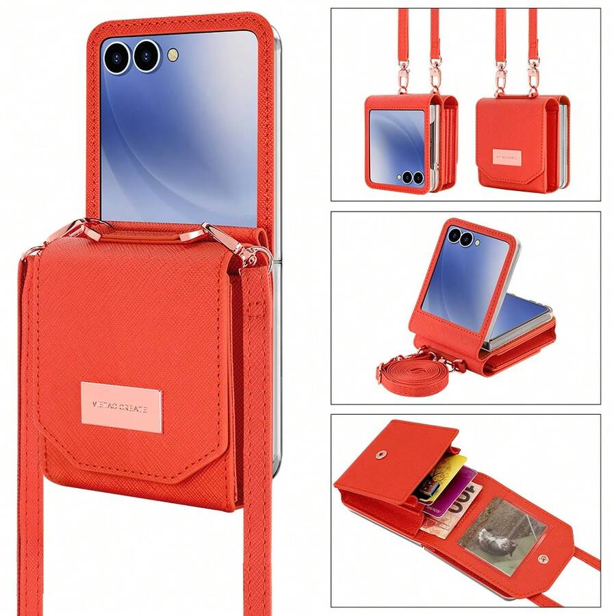 VIETAO 带挂绳的仿皮钱包式手机壳，带卡槽，兼容三星 Galaxy Z Flip 3 5G、4、5、6、7 - 橘色 - 查看 1